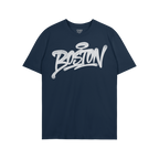 Boston Handstyle T-shirt in dark navy, featuring bold white graffiti script Boston on chest, embodies the city's essence. Bra