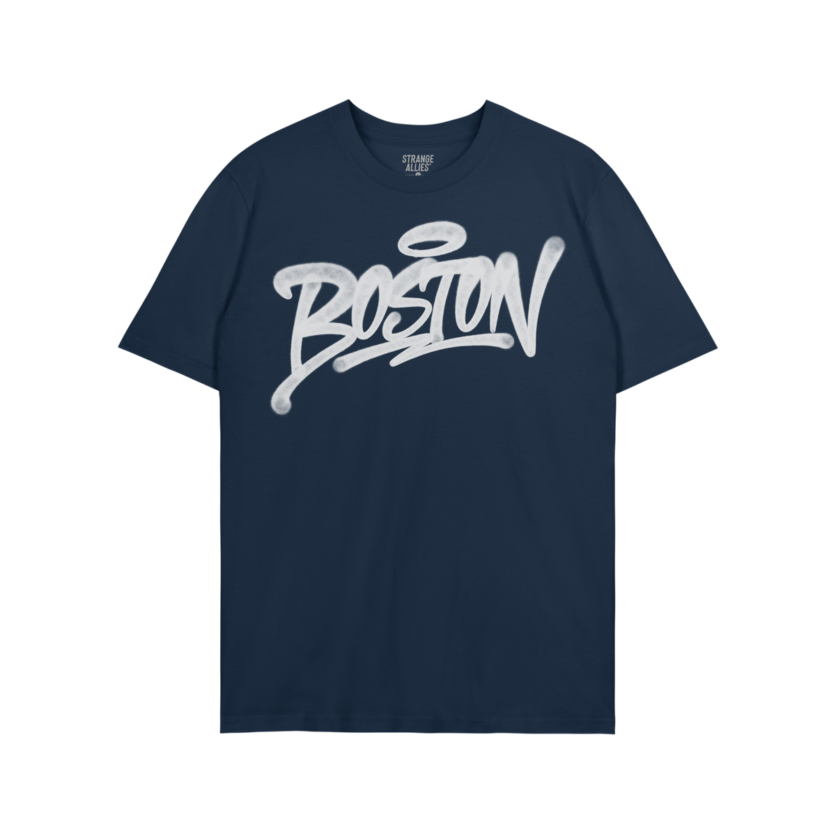 Boston Handstyle T-shirt in dark navy, featuring bold white graffiti script Boston on chest, embodies the city's essence. Bra