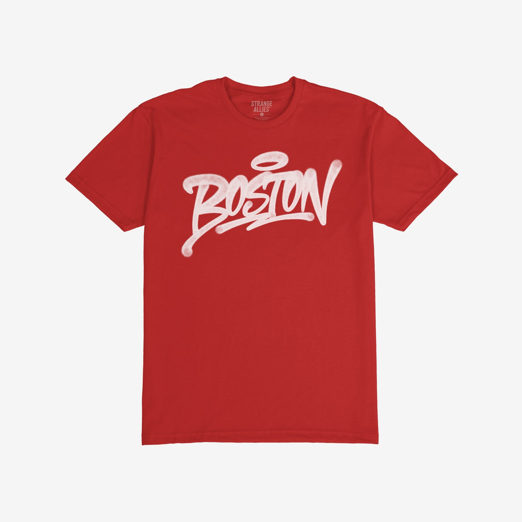 Boston Handstyle T-shirt featuring Boston in white graffiti script across the chest, embodying bold city pride. The crew-neck tee is part of an edgy, expressive apparel line upholding equality and diversity.