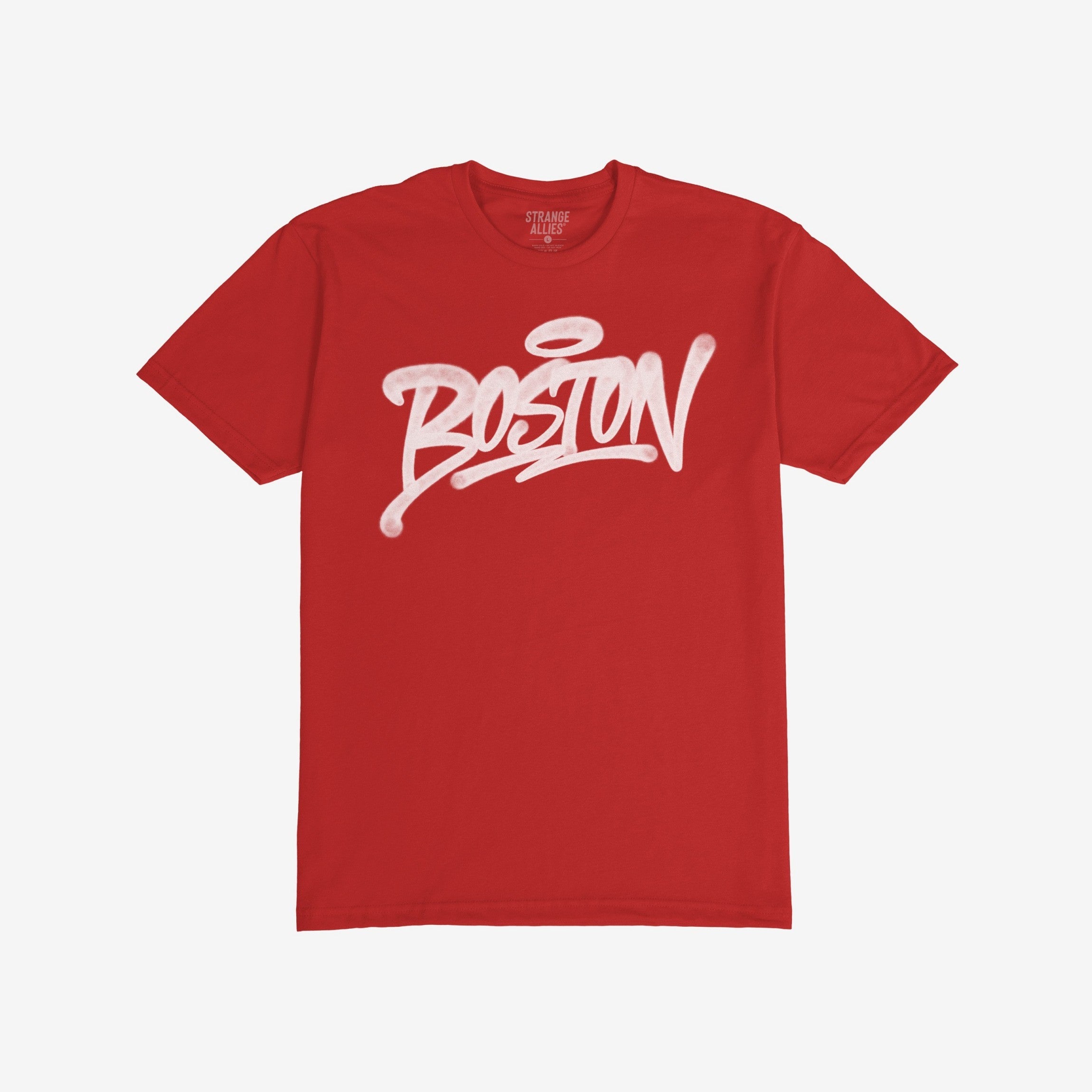 Boston Handstyle T-shirt featuring Boston in white graffiti script across the chest, embodying bold city pride. The crew-neck tee is part of an edgy, expressive apparel line upholding equality and diversity.