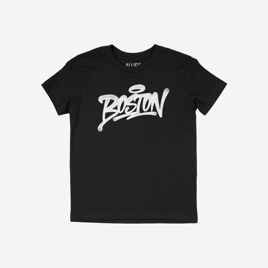 Black Boston Handstyle T-shirt with graffiti-style Boston script in white, featuring a halo accent above. The edgy design reflects a bold, artistic statement. Brand name visible inside the collar.