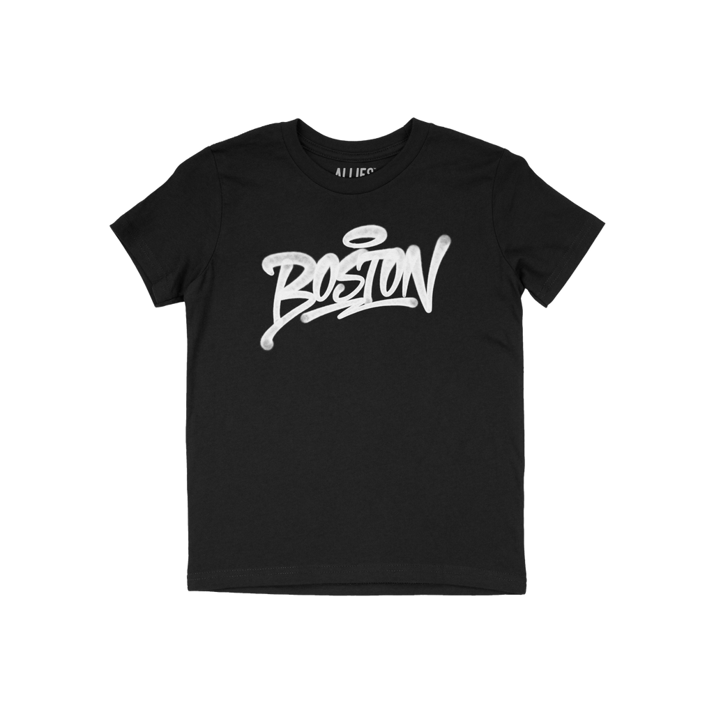 Black Boston Handstyle T-shirt with graffiti-style Boston script in white, featuring a halo accent above. The edgy design ref
