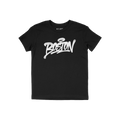 Black Boston Handstyle T-shirt with graffiti-style Boston script in white, featuring a halo accent above. The edgy design ref