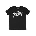 Black Boston Handstyle T-shirt with graffiti-style Boston script in white, featuring a halo accent above. The edgy design ref