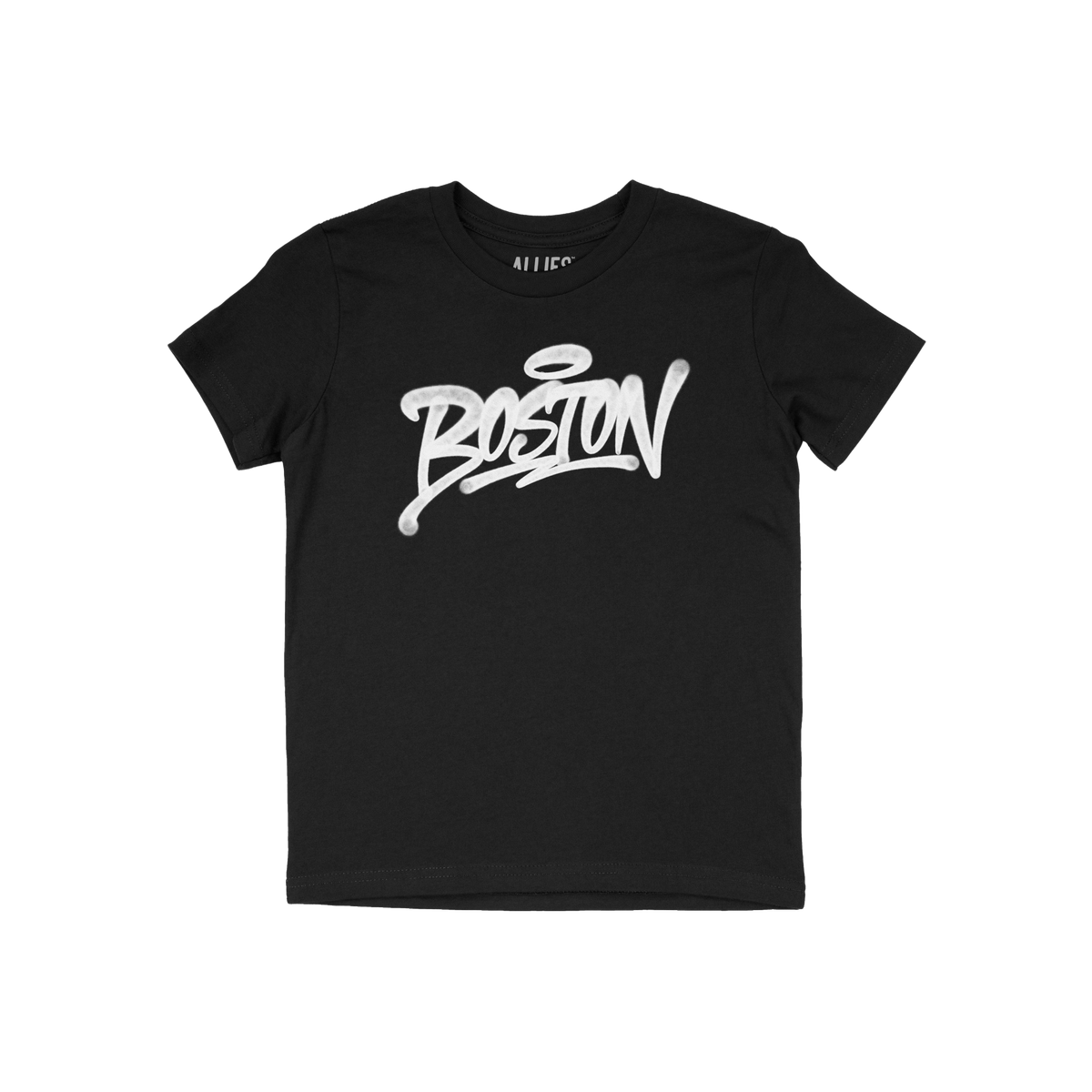 Black Boston Handstyle T-shirt with graffiti-style Boston script in white, featuring a halo accent above. The edgy design ref