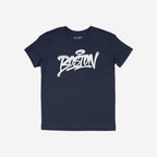 Navy-blue Boston Handstyle T-shirt with white graffiti-style Boston wordmark on chest. Short-sleeve, slightly slim fit, ideal for expressing city pride at local sports events.