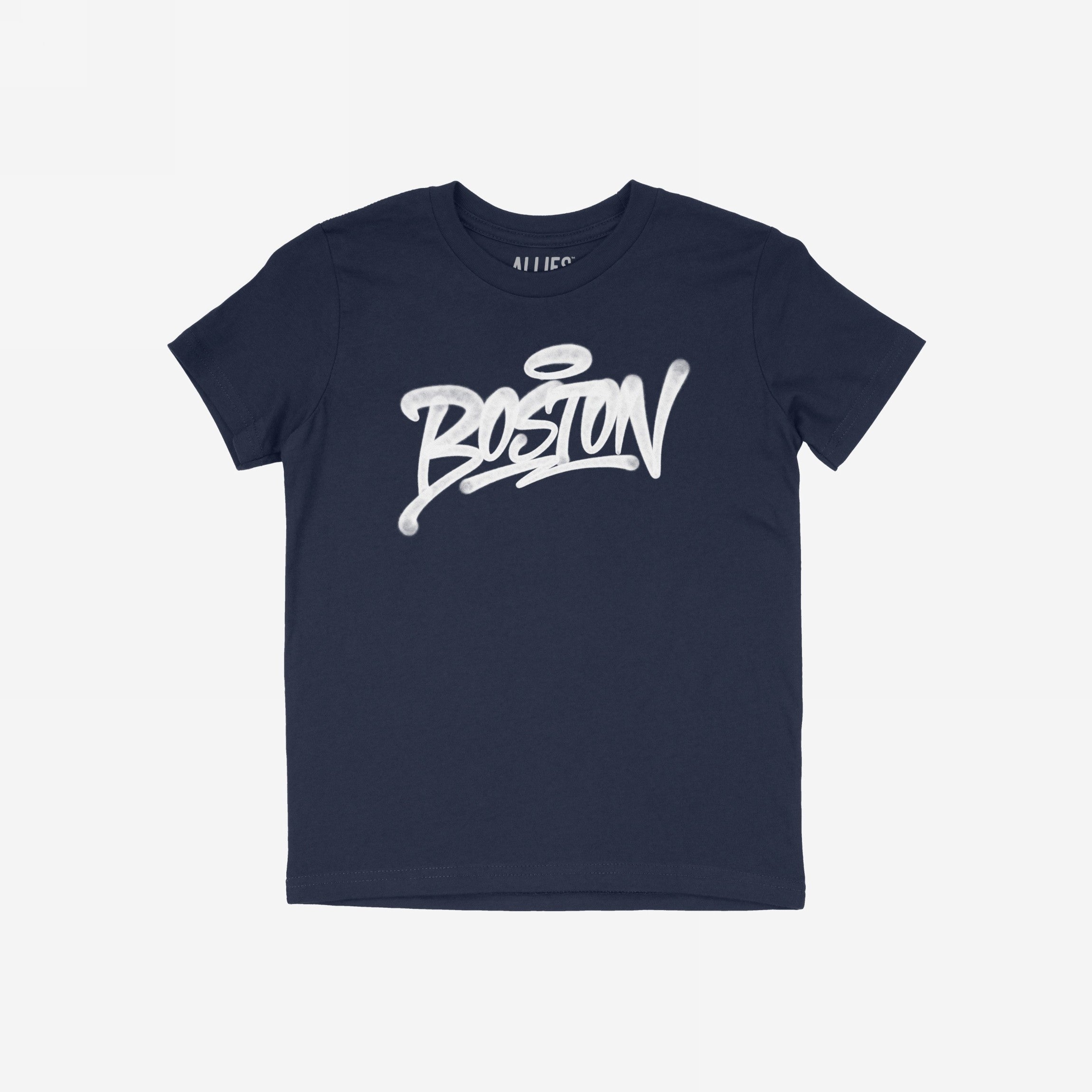 Navy-blue Boston Handstyle T-shirt with white graffiti-style Boston wordmark on chest. Short-sleeve, slightly slim fit, ideal for expressing city pride at local sports events.