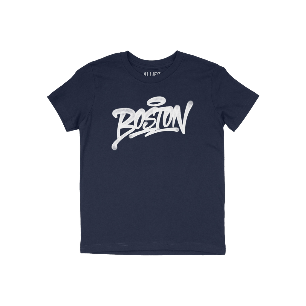 Navy-blue Boston Handstyle T-shirt with white graffiti-style Boston wordmark on chest. Short-sleeve, slightly slim fit, ideal