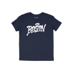 Navy-blue Boston Handstyle T-shirt with white graffiti-style Boston wordmark on chest. Short-sleeve, slightly slim fit, ideal