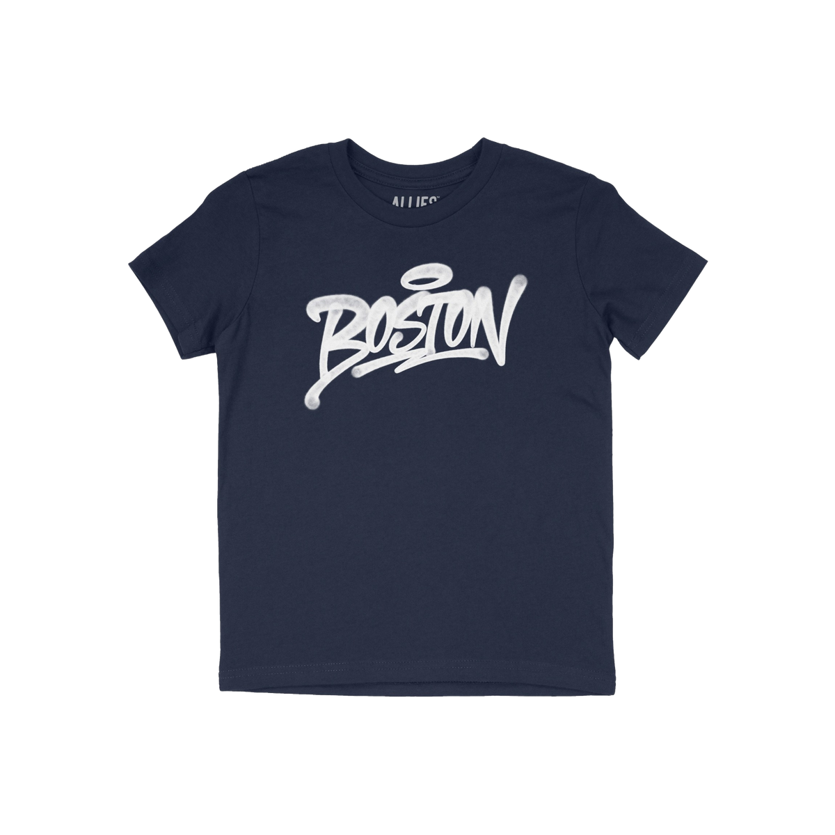 Navy-blue Boston Handstyle T-shirt with white graffiti-style Boston wordmark on chest. Short-sleeve, slightly slim fit, ideal