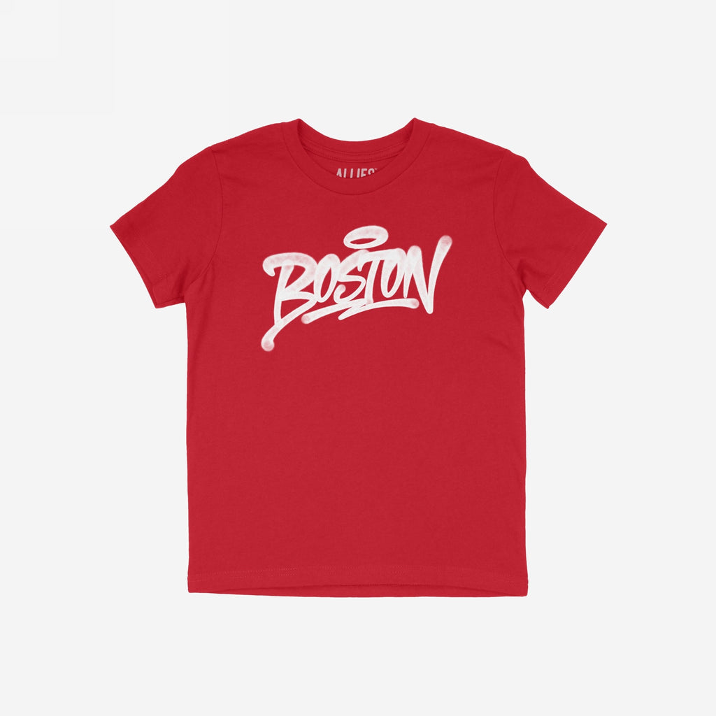 Boston Handstyle T-shirt featuring Boston in bold white graffiti-style font across the chest, offering a distinct urban vibe, ideal for making a statement at local sports events.