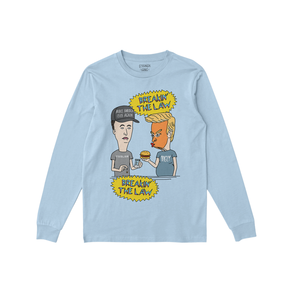Breakin' The Law Shirt: A satirical long-sleeve tee featuring cartoon-style characters parodying political figures, with spee