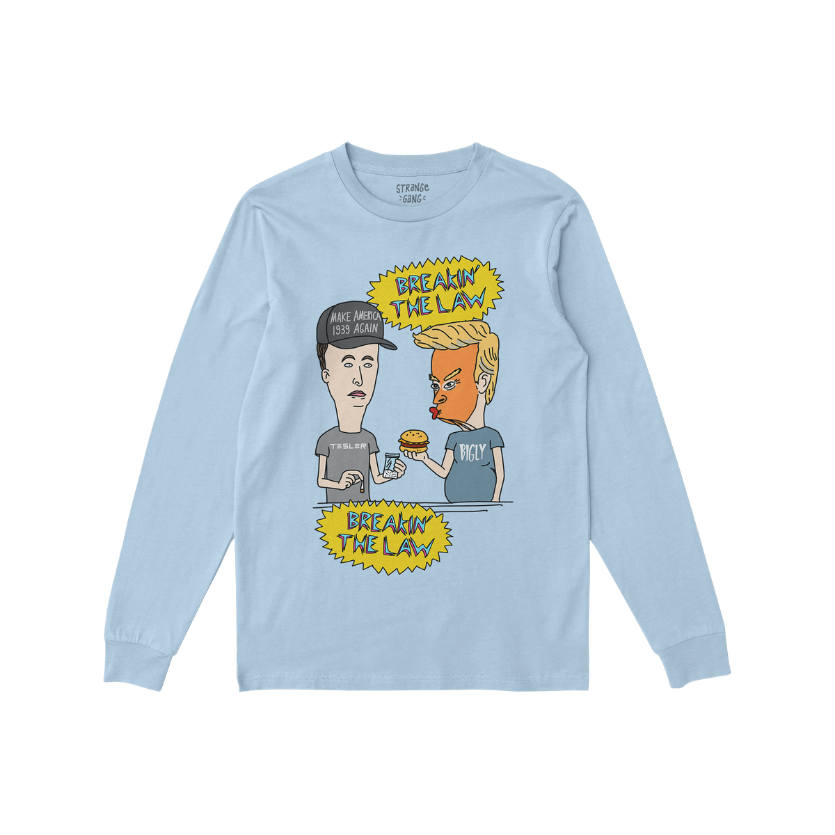 Breakin' The Law Shirt: A satirical long-sleeve tee featuring cartoon-style characters parodying political figures, with spee