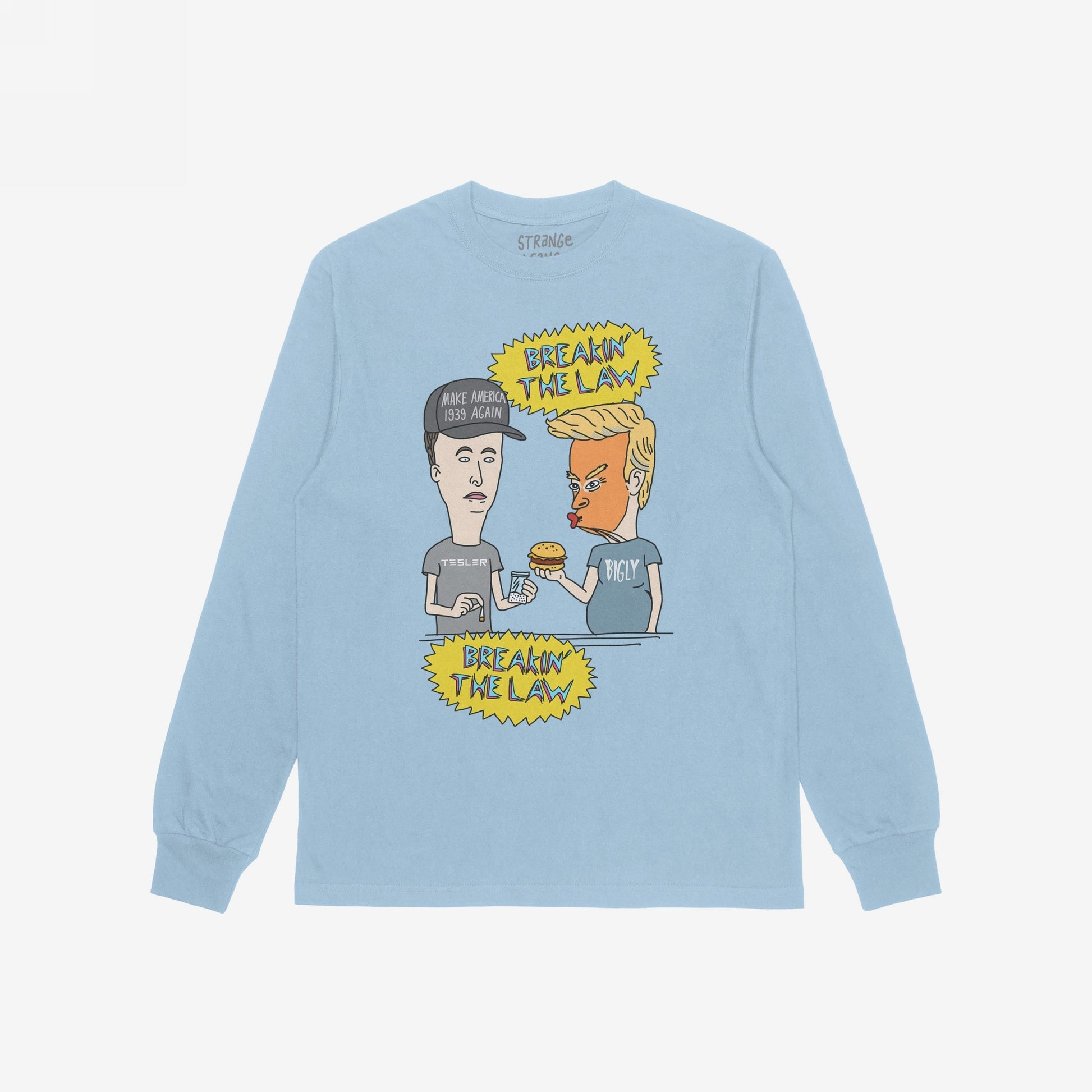 Breakin' The Law T-shirt featuring satirical cartoon of two characters at a counter with speech bubbles, poking fun at Trump and Elon, embodying rebellious, hand-drawn '90s animation style.