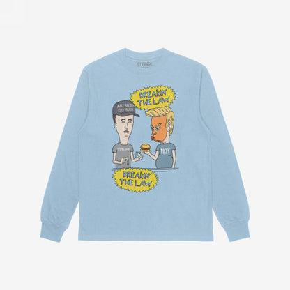 Breakin' The Law T-shirt featuring satirical cartoon of two characters at a counter with speech bubbles, poking fun at Trump and Elon, embodying rebellious, hand-drawn '90s animation style.