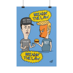 Breakin' The Law Poster: Cartoonish illustration of two figures behind a counter, parodying Trump and Elon. Features satirica