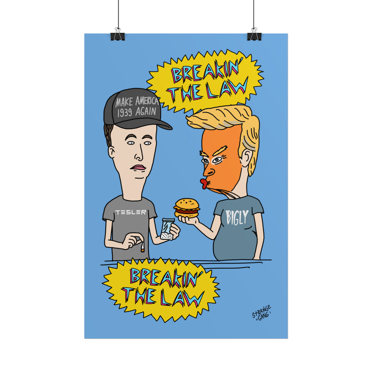Breakin' The Law Poster: Cartoonish illustration of two figures behind a counter, parodying Trump and Elon. Features satirica