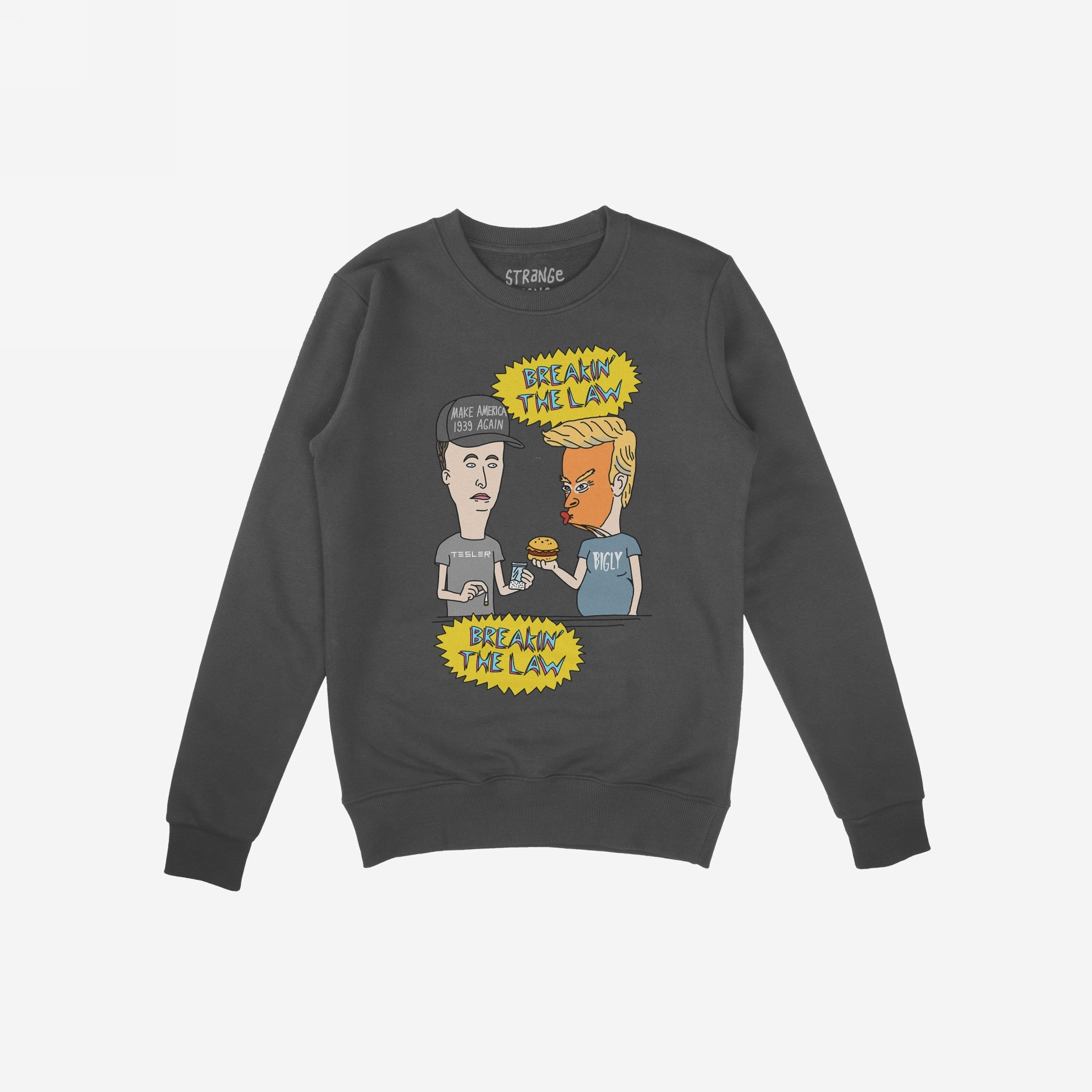 Breakin' The Law Shirt features comic-style satire with two exaggerated figures exchanging a burger, highlighting political parody. Ideal for protest or concert wear, supporting equality and anti-elitism.