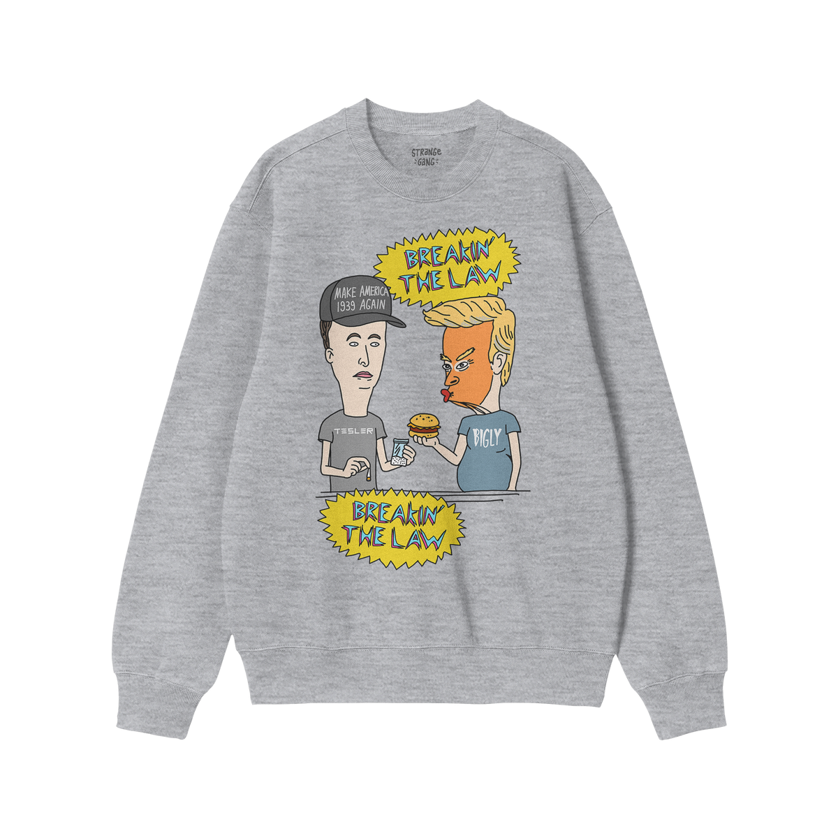 Breakin' The Law Shirt features comic-style satire with two exaggerated figures exchanging a burger, highlighting political p