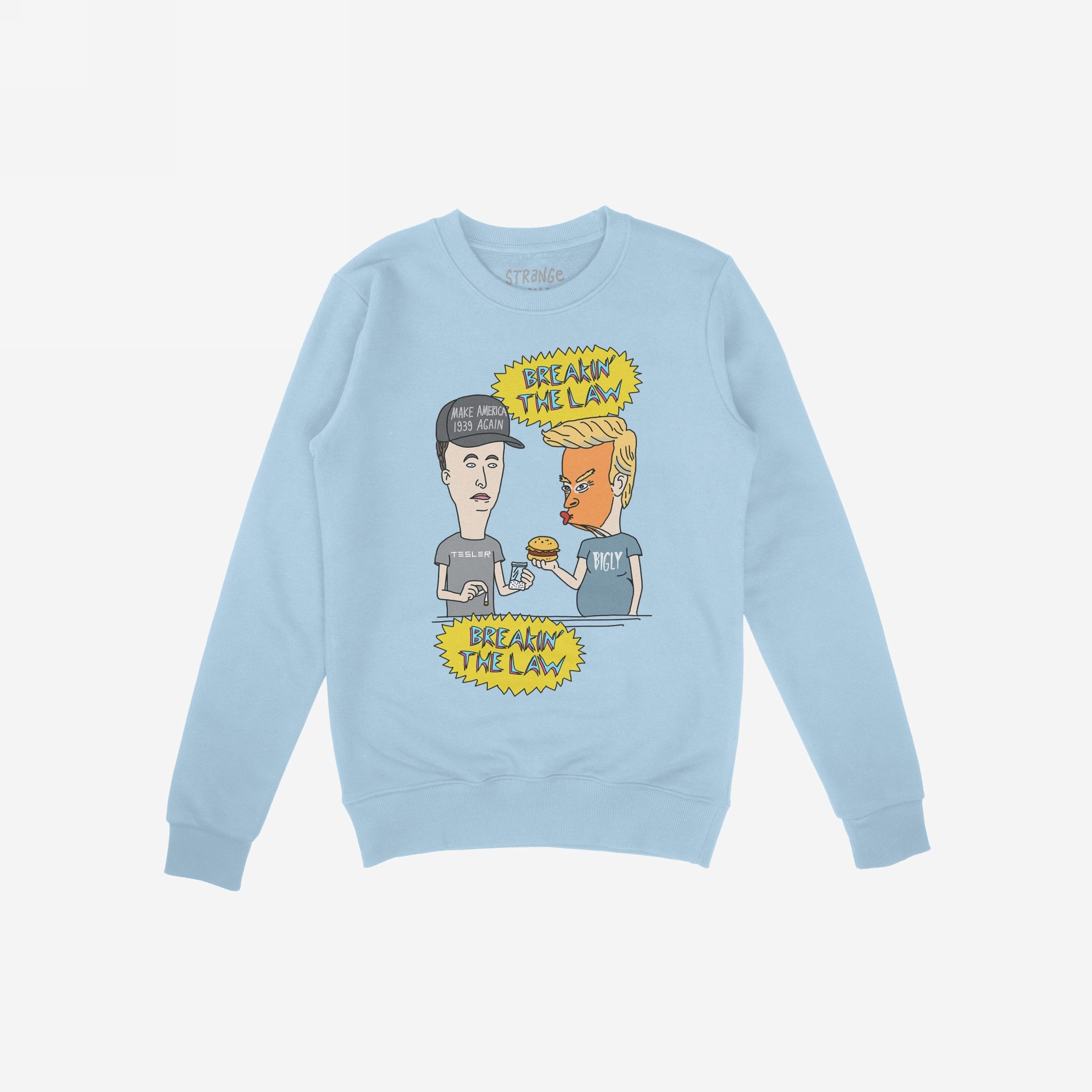 Breakin' The Law Shirt features a satirical comic-style graphic of political figures exchanging a burger for cash, capturing anti-elitist themes with Beavis and Butt-Head-style humor.