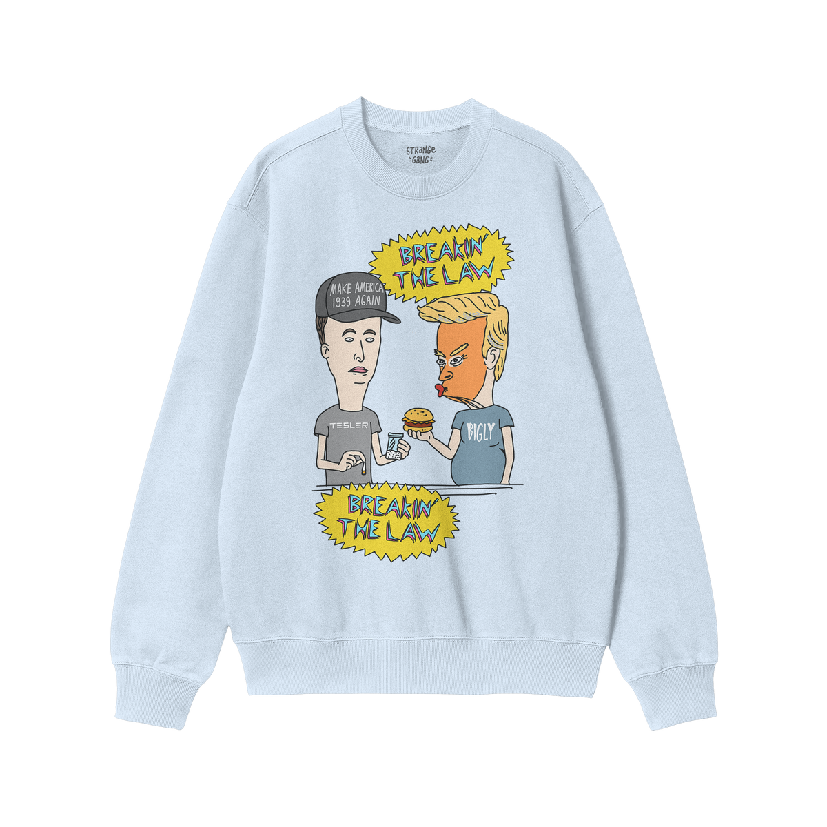Breakin' The Law Shirt features a satirical comic-style graphic of political figures exchanging a burger for cash, capturing 