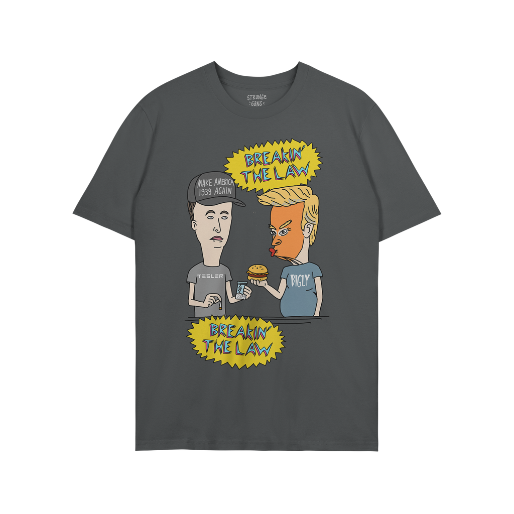 Breakin' The Law Shirt featuring a cartoon panel with caricatures of a young man and a former U.S. president, satirically dep
