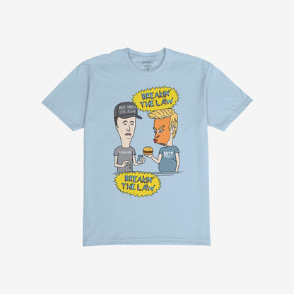 Breakin' The Law T-shirt featuring a satirical cartoon of Trump holding a burger and a caricatured figure with a MAKE AMERICA 1939 AGAIN cap, capturing political parody and social commentary.