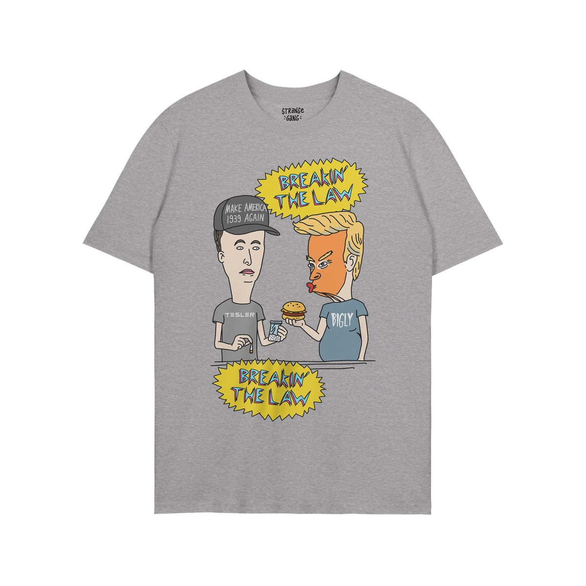 Breakin' The Law Shirt features a cartoon with a caricature of Trump offering a cheeseburger to a Tesla-like character holdin
