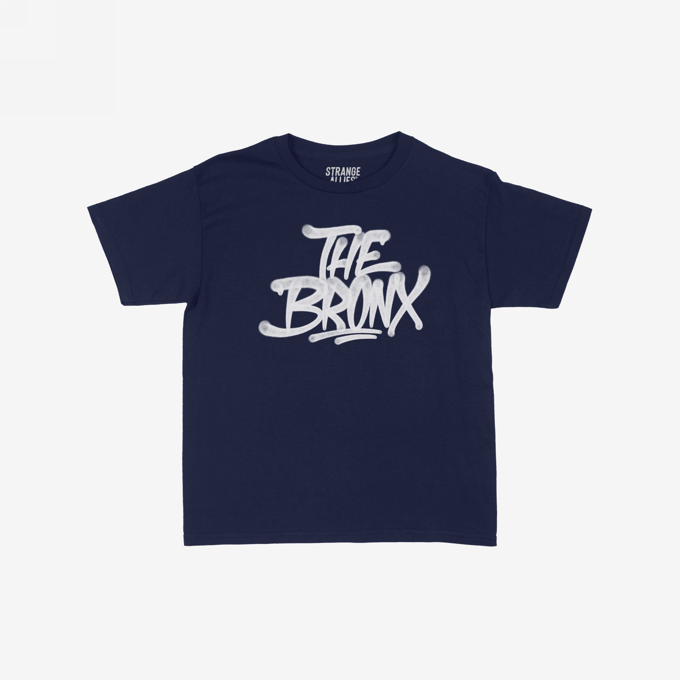 Bronx Handstyle Women's Baby Tee features a navy-blue, short-sleeve design with a white graffiti-style THE BRONX graphic, capturing raw borough pride and urban style.
