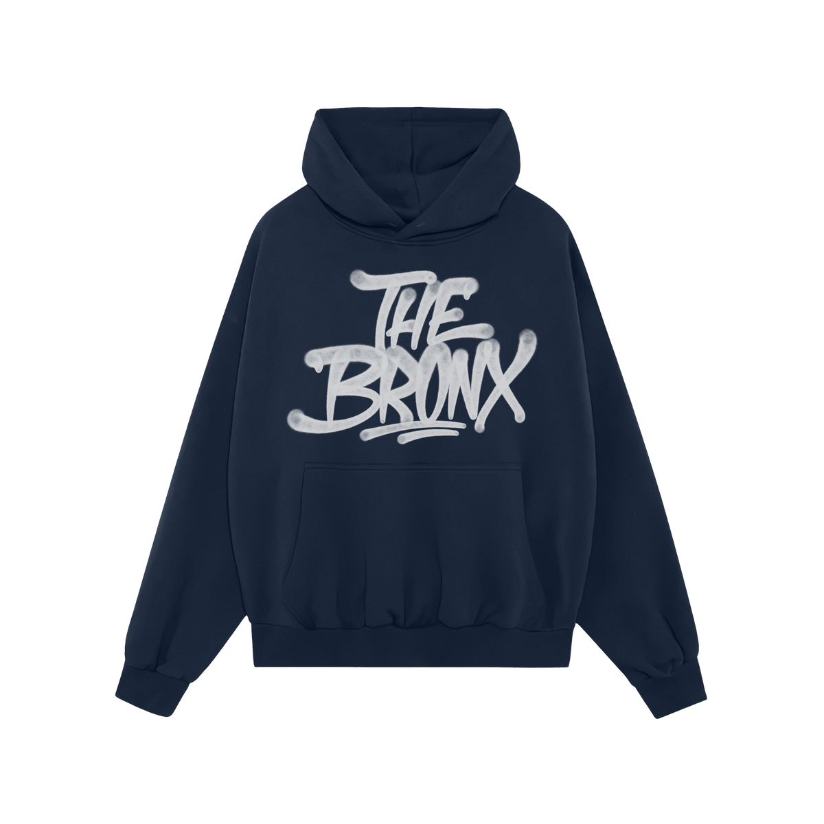 Bronx Handstyle Hoodie, black with a graffiti-style “THE BRONX” print. Features kangaroo pocket and drawstring hood; embo