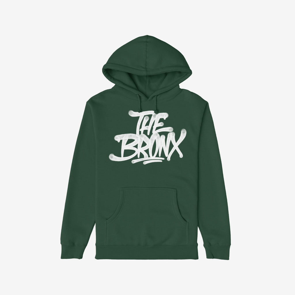 Bronx Handstyle Hoodie & Sweatshirt: Forest-green pullover featuring white graffiti-style THE BRONX print, perfect for showcasing raw borough pride, ideal for NYC enthusiasts and those embracing individuality and equality.