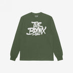 Forest-green Bronx Handstyle T-shirt with white graffiti-style THE BRONX lettering, embodying urban pride and bold expression, perfect for NYC adventures or as a spirited local keepsake.