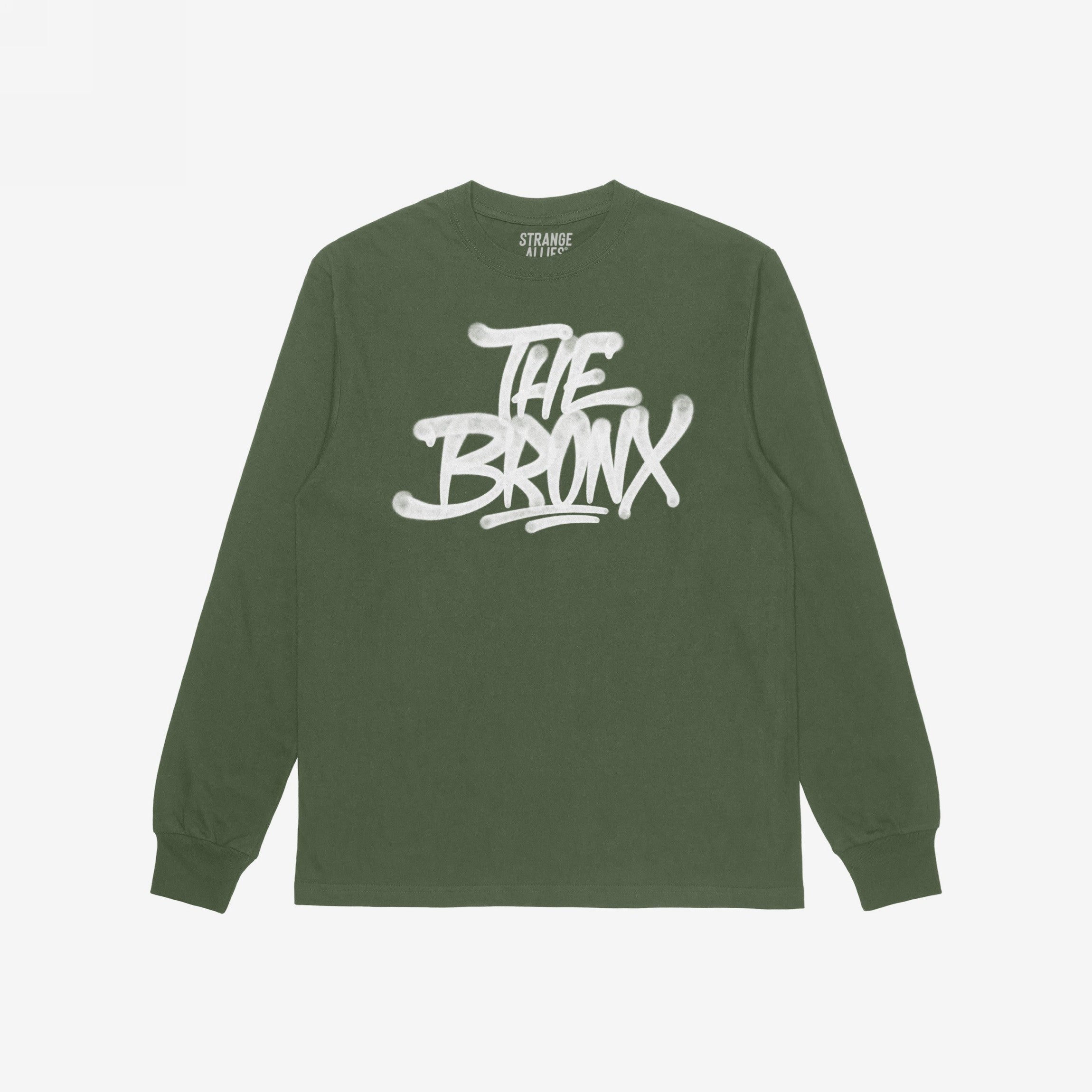 Forest-green Bronx Handstyle T-shirt with white graffiti-style THE BRONX lettering, embodying urban pride and bold expression, perfect for NYC adventures or as a spirited local keepsake.