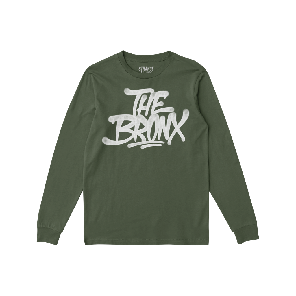 Forest-green Bronx Handstyle T-shirt with white graffiti-style THE BRONX lettering, embodying urban pride and bold expression