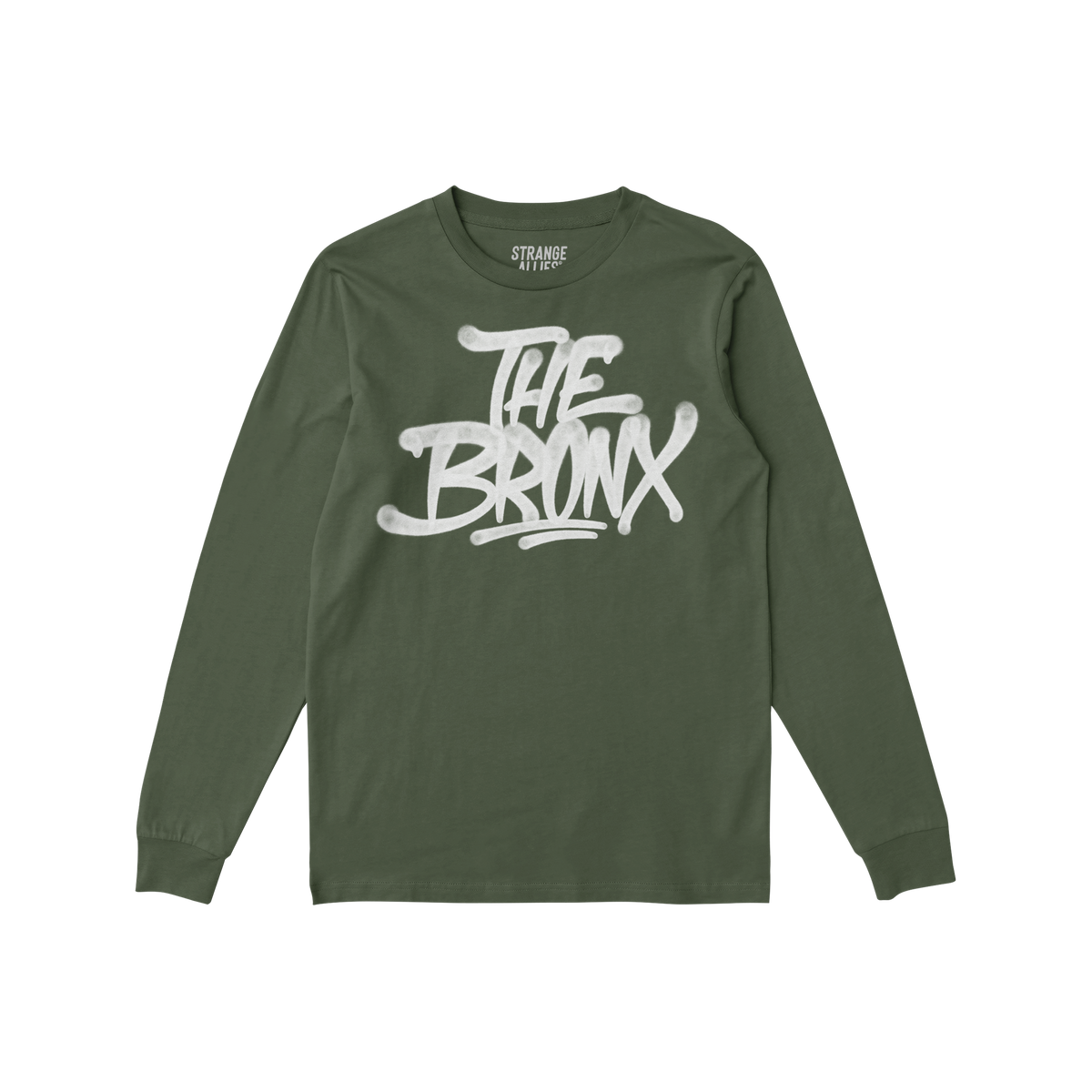 Forest-green Bronx Handstyle T-shirt with white graffiti-style THE BRONX lettering, embodying urban pride and bold expression