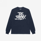 Navy Bronx Handstyle T-shirt featuring white graffiti-style THE BRONX lettering with drips, ribbed cuffs, and crew neckline, embodying urban pride and rebellious spirit.