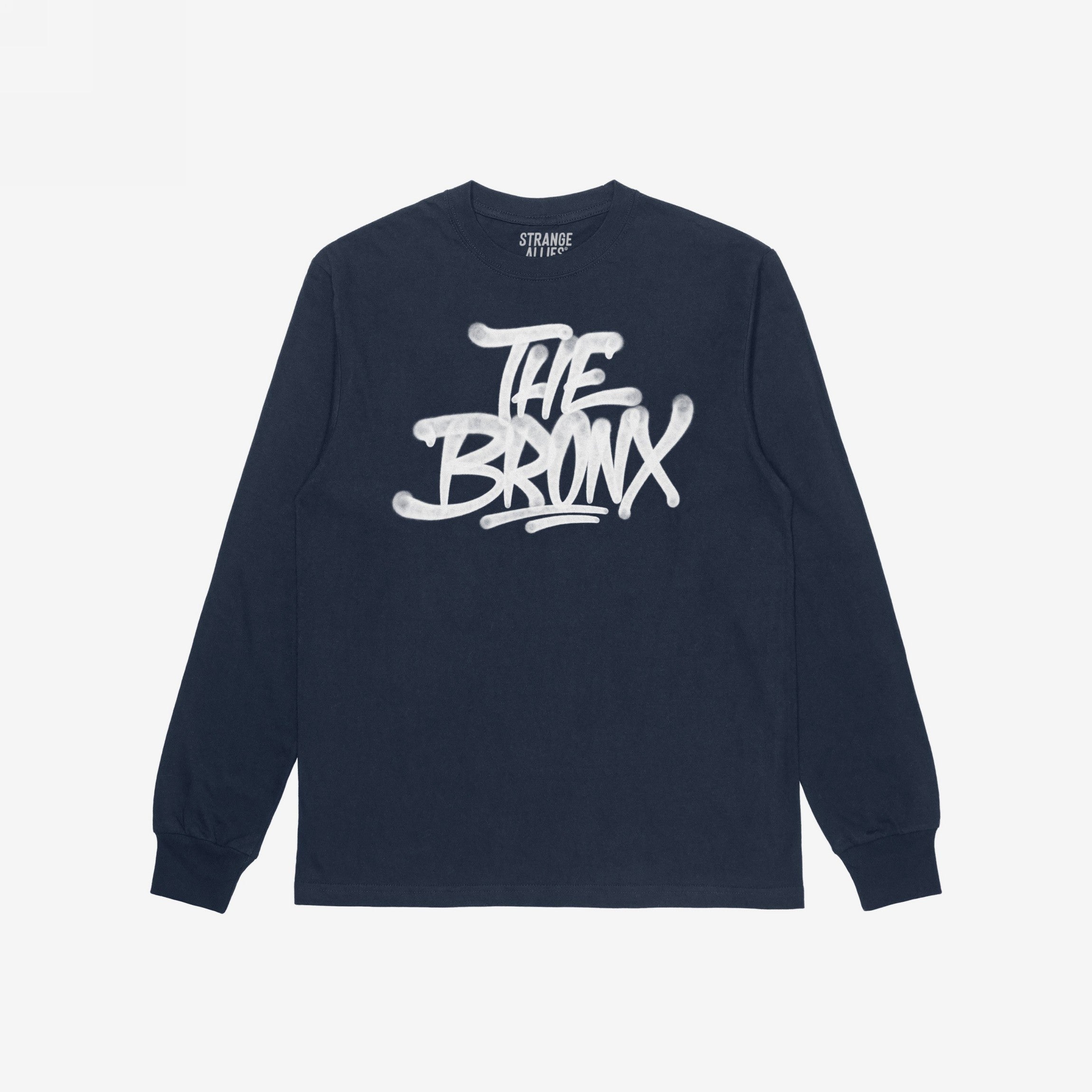 Navy Bronx Handstyle T-shirt featuring white graffiti-style THE BRONX lettering with drips, ribbed cuffs, and crew neckline, embodying urban pride and rebellious spirit.