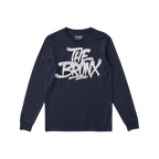Navy Bronx Handstyle T-shirt featuring white graffiti-style THE BRONX lettering with drips, ribbed cuffs, and crew neckline, 
