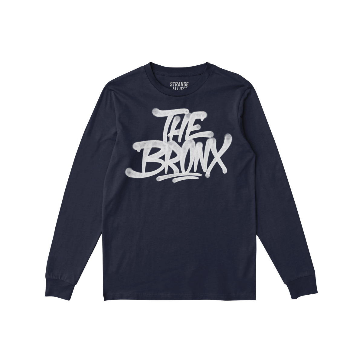 Navy Bronx Handstyle T-shirt featuring white graffiti-style THE BRONX lettering with drips, ribbed cuffs, and crew neckline, 