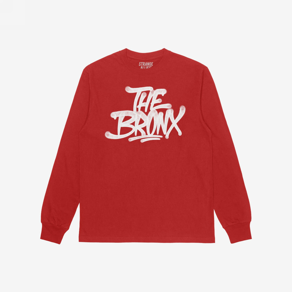 Bronx Handstyle T-shirt featuring graffiti-style THE BRONX print across the chest, embodying NYC pride and urban culture. Perfect for sports fans and locals. Brand name STRANGE ALLIES inside collar.