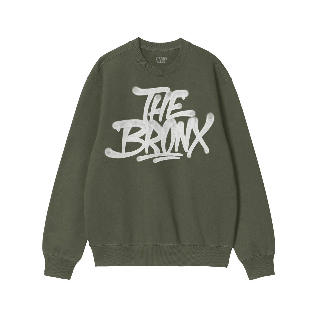 Bronx Handstyle Hoodie & Sweatshirt features a forest-green crewneck with a white, graffiti-style THE BRONX graphic, embodyin