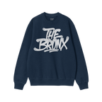 Navy-blue Bronx Handstyle Hoodie & Sweatshirt with “THE BRONX” in white graffiti font, embodying urban pride and resilien