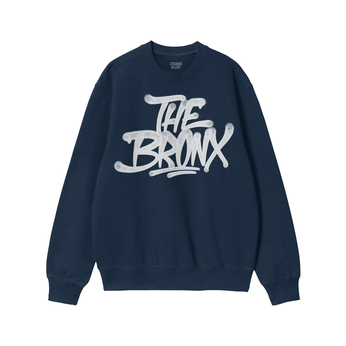 Navy-blue Bronx Handstyle Hoodie & Sweatshirt with “THE BRONX” in white graffiti font, embodying urban pride and resilien