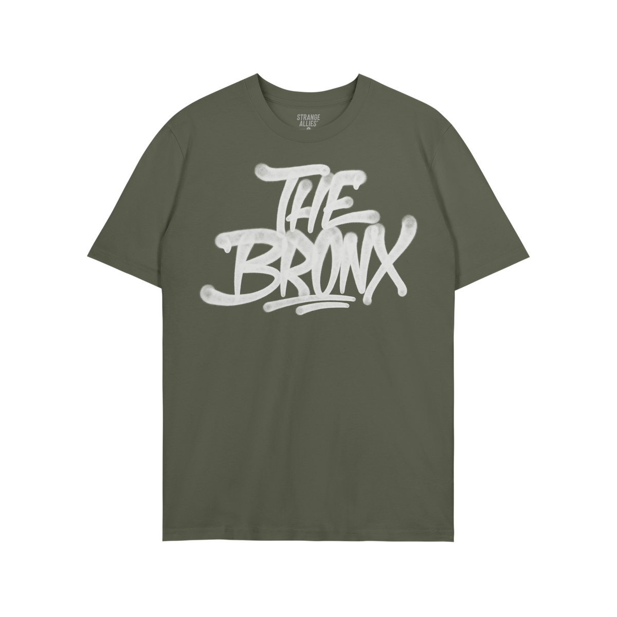 Bronx Handstyle T-shirt featuring bold white graffiti text THE BRONX on olive-green fabric, embodying raw urban pride and reb