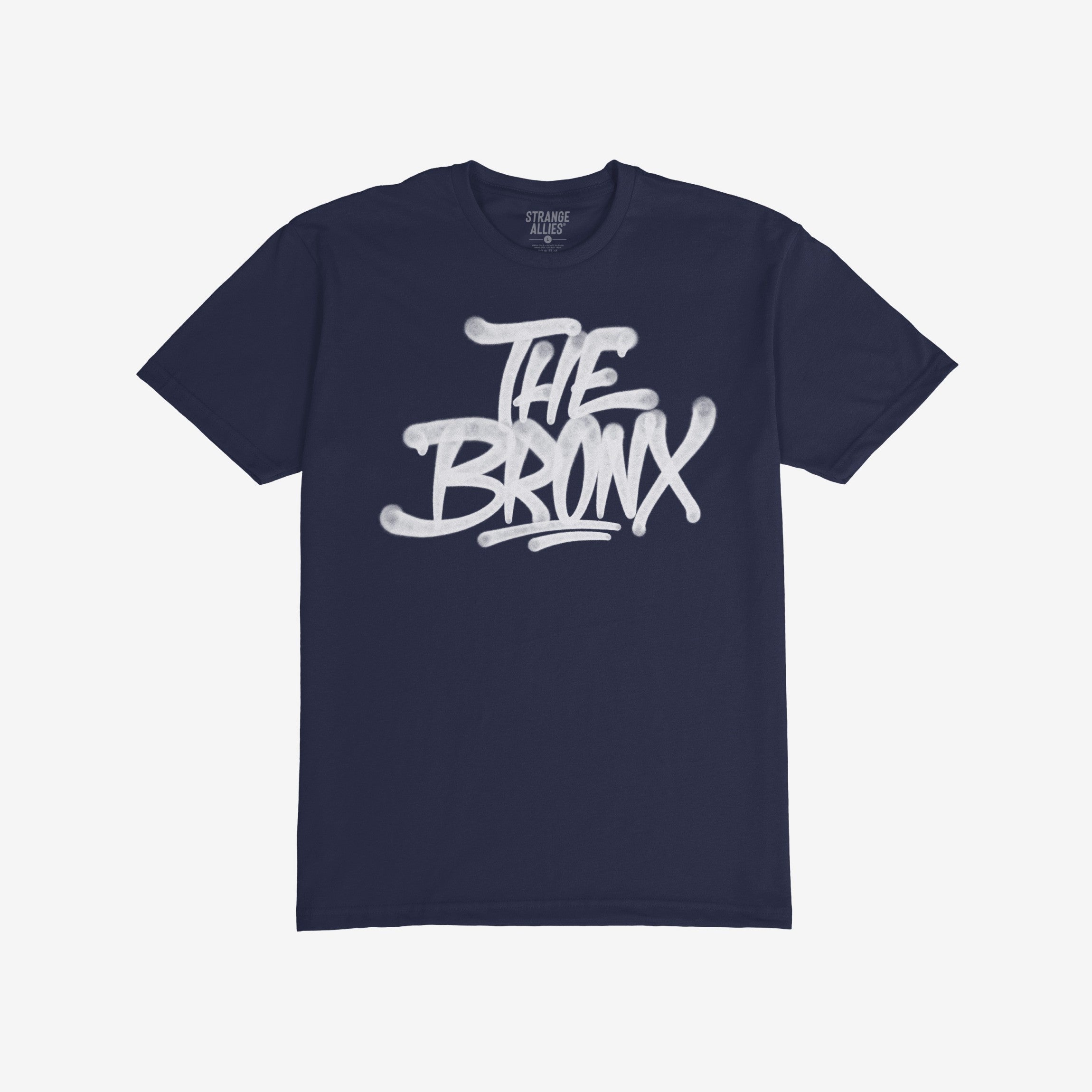 Bronx Handstyle T-shirt featuring a bold, white graffiti-style THE BRONX slogan on a dark navy-blue crew-neck, embodying borough pride and urban style. Ideal for NYC enthusiasts and locals.