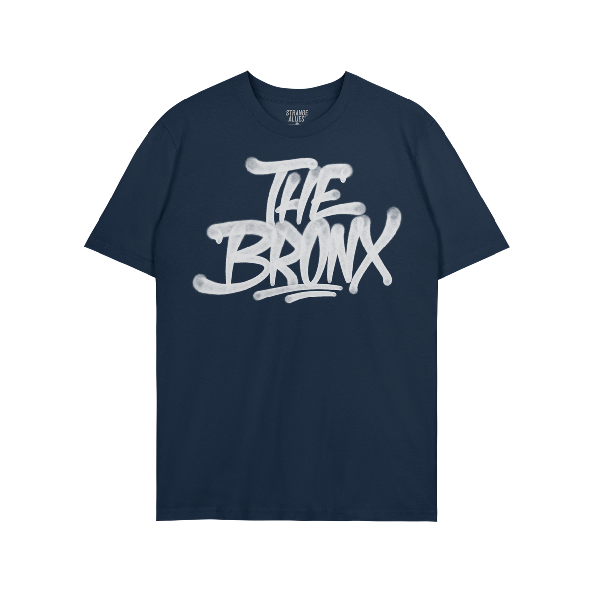 Bronx Handstyle T-shirt featuring a bold, white graffiti-style THE BRONX slogan on a dark navy-blue crew-neck, embodying boro