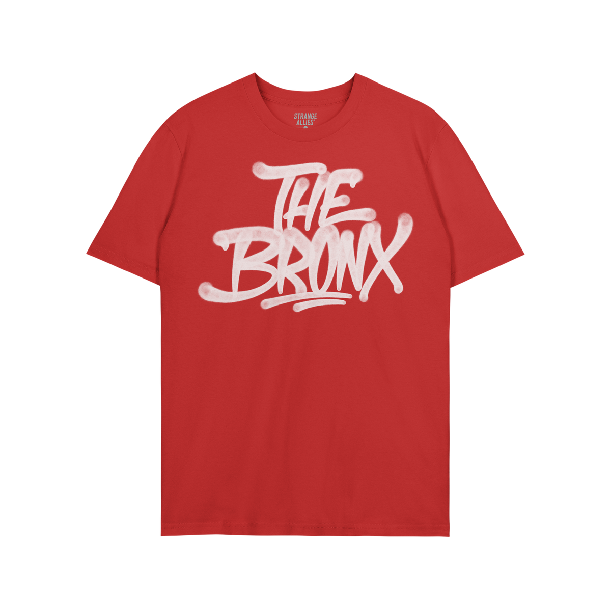 Bronx Handstyle T-shirt features bold “THE BRONX” graffiti in white spray-paint lettering on a red tee, capturing raw bor