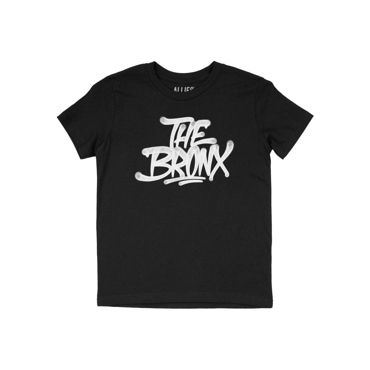 Bronx Handstyle T-shirt featuring a bold, white graffiti-style THE BRONX print on black fabric, capturing urban pride and edg