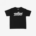 Brooklyn Handstyle Women's Baby Tee features a black design with white graffiti-style BROOKLYN lettering and a halo, embodying street art culture and city pride, perfect for a bold, urban look.