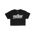 Brooklyn Handstyle Women's Baby Tee features a black design with white graffiti-style BROOKLYN lettering and a halo, embodyin
